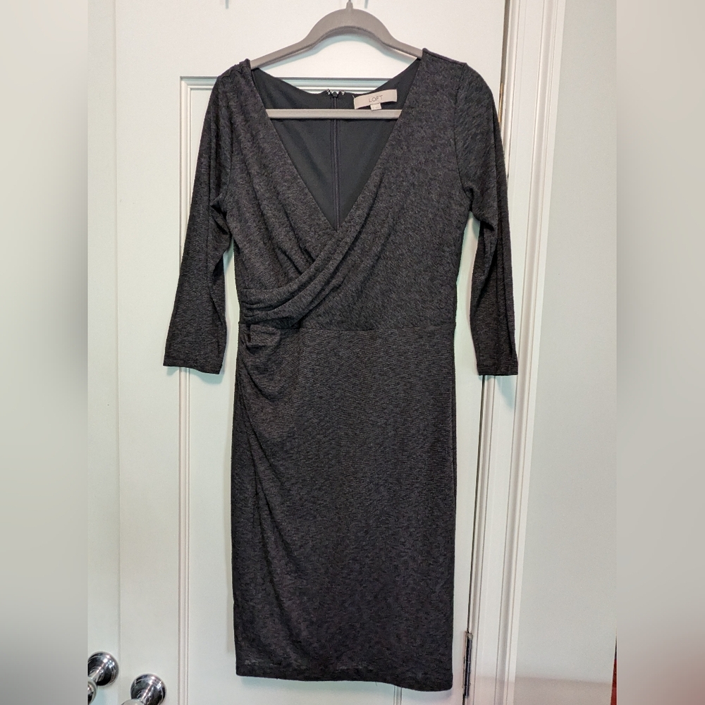 LOFT Charcoal Wrap-Style Long Sleeve Sheath Dress
